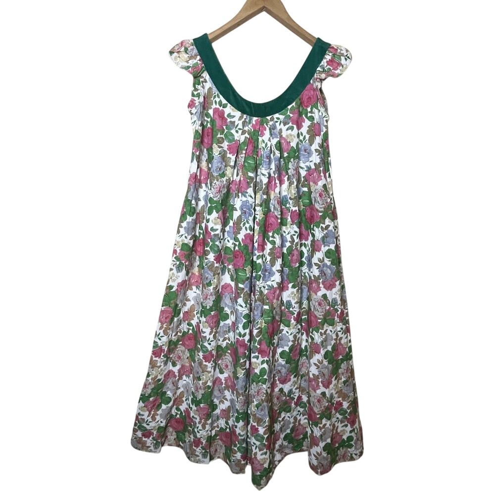 Vintage Bete Collection Floral Dress Hawaiian Muumuu Sz Small White Green Maxi